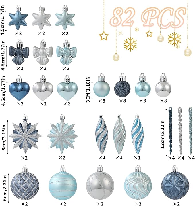 82Pcs Blue and Silver Christmas Ornaments Set,Shatterproof Christmas Decorations for Tree Assorted Plastic Craft Baubles Snowflake Ball Ornaments for Holiday Xmas Party Decor (Blue & Silver)
