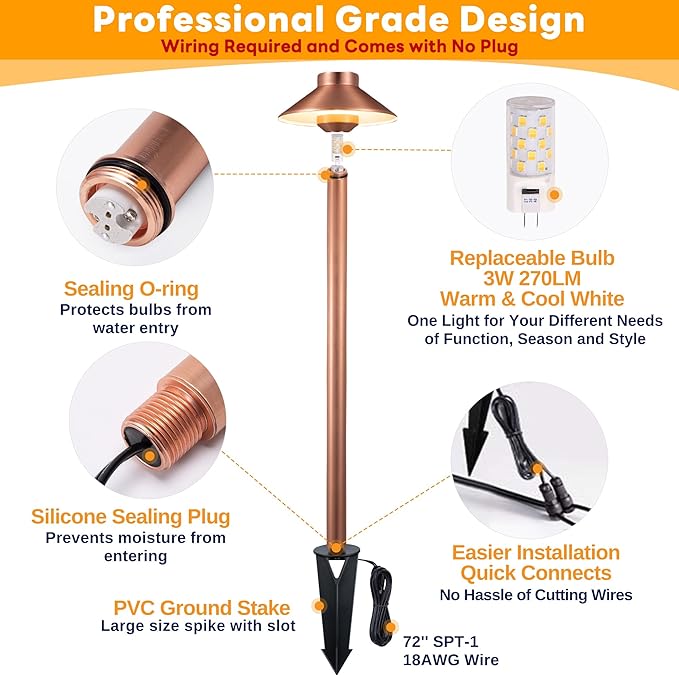 Gardenreet Low Voltage Landscape Path Light Solid Brass, 3 Color Temp Selectable LED Driveway Lights Waterproof, Hat Shaped 12V Wired Copper for Walkway Garden with 3W 270LM G4 Bulb (12 Pack)