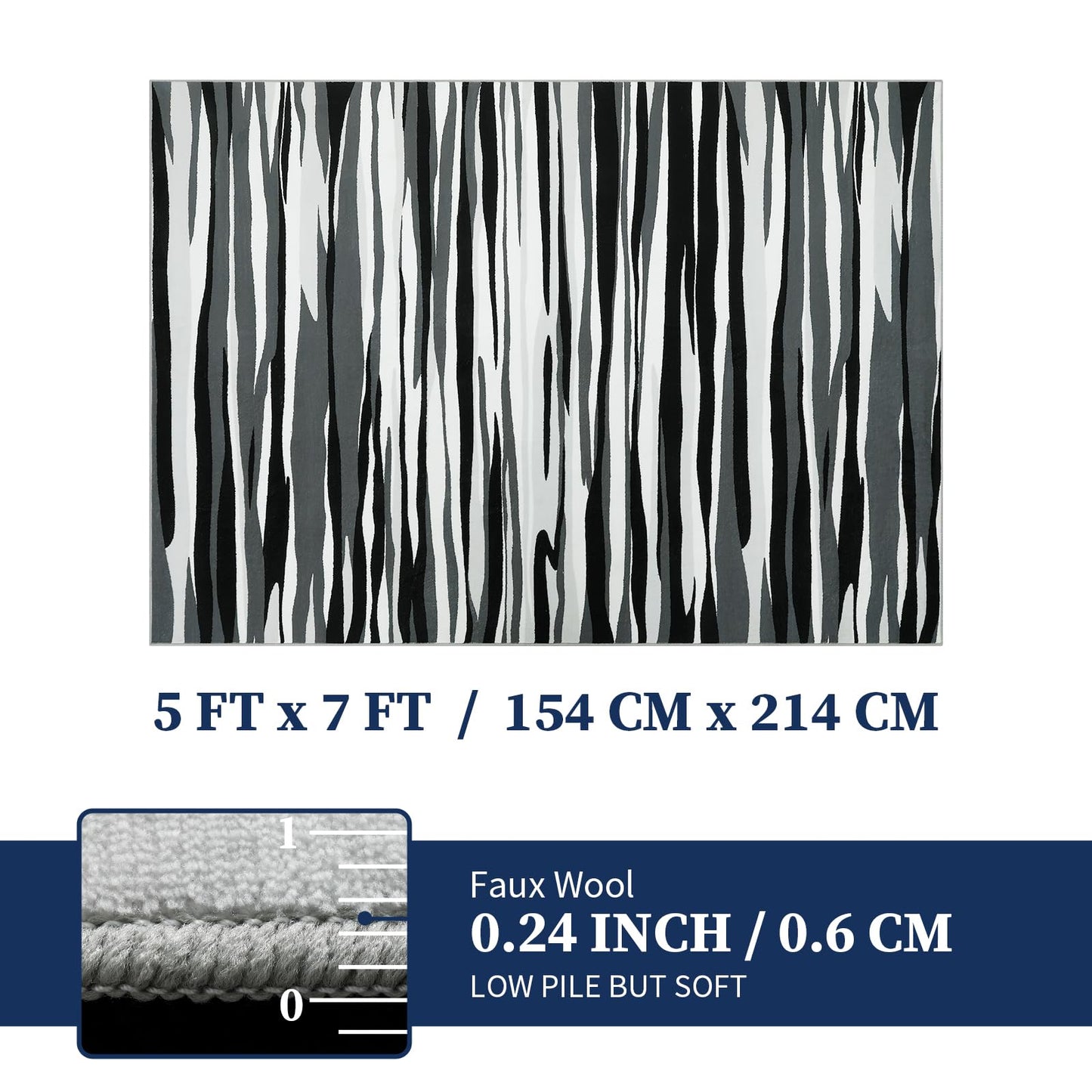 YIHOUSE 5×7 Ft Area Rugs for Living Room: Modern Abstract Black Grey and White Rug - Nonslip Washable Striped Rug for Bedroom Dining Room Office Playroom Nursery Home Decor