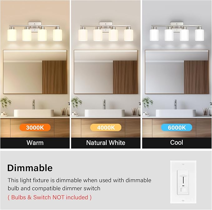 Brushed Nickel Bathroom Light Fixtures, 4-Light Modern Vanity Light Over Mirror, Wall Sconces with Milky White Frosted Glass Shades, E26 Socket (Bulbs Not Included)