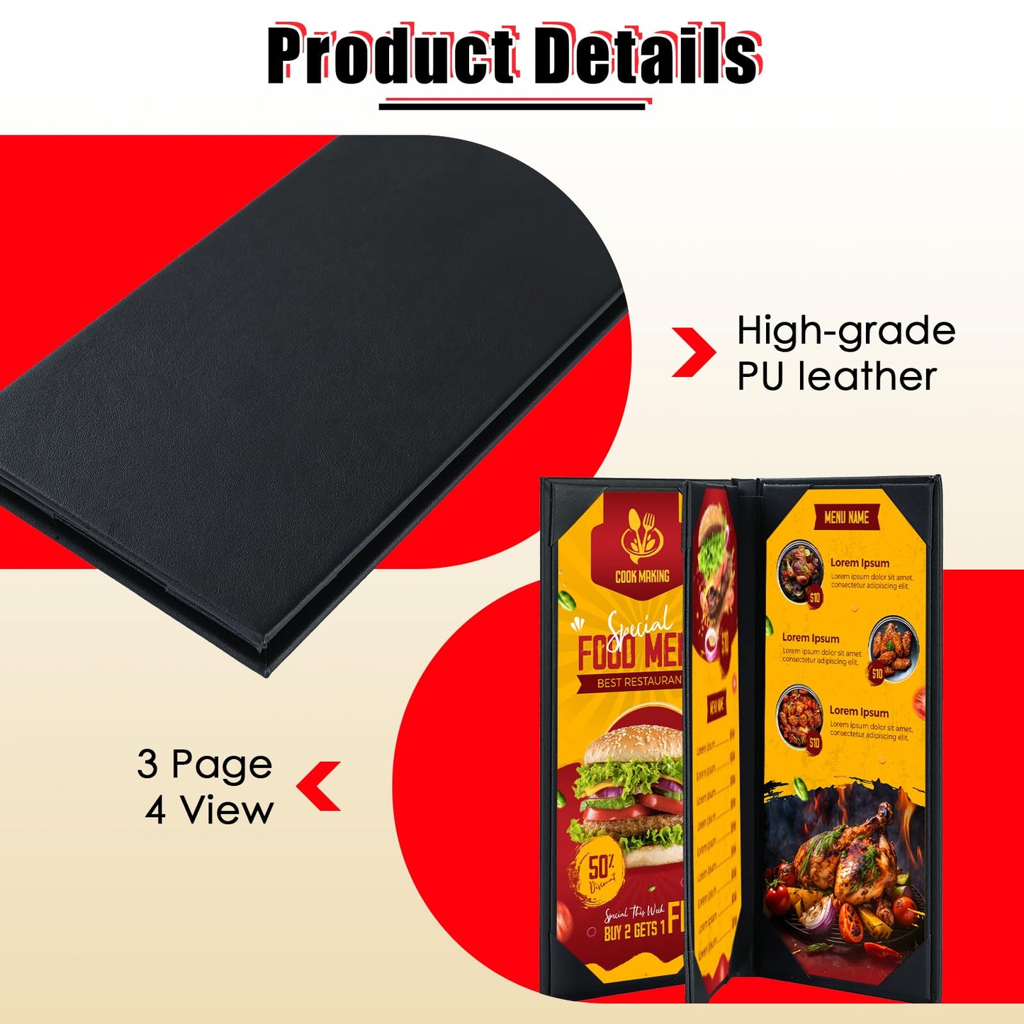 NATGAI 5 PCS 4 View Menu Covers 4.25" x 11", PU Leather Menu Cover Menu Holders, Waterproof Double View Restaurant Menu Covers, Fit for Restaurant Bar Cafe Hotel Wine List (4 View, 4.25"x11")