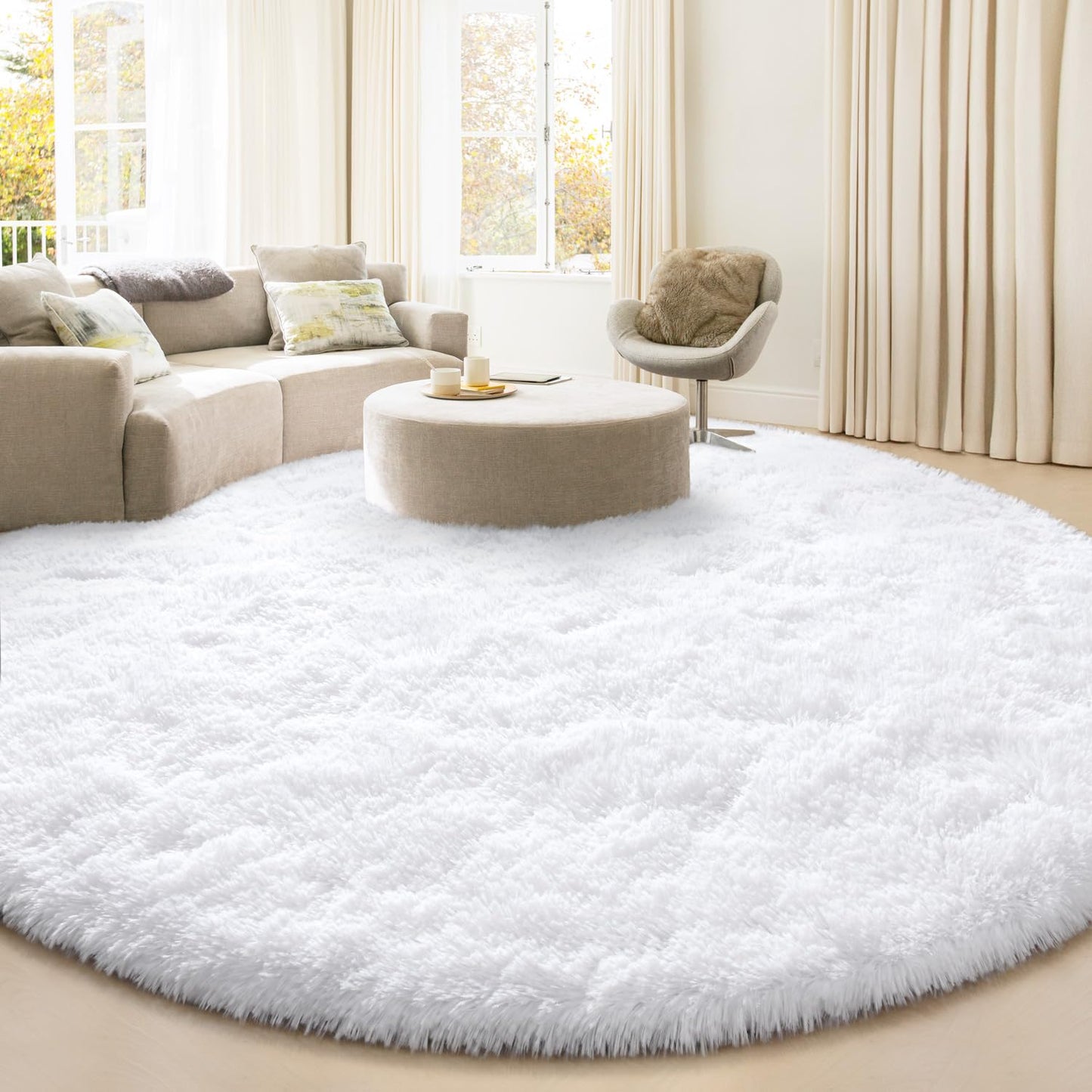 KIXINWA Round Rug for Bedroom, 5x5 Fluffy Soft Circle Area Rugs for Living Room, Washable Plush Shaggy Indoor Floor Bedside Kids Girls Nursery Room Circular Carpet, Home Decor Aesthetic, White