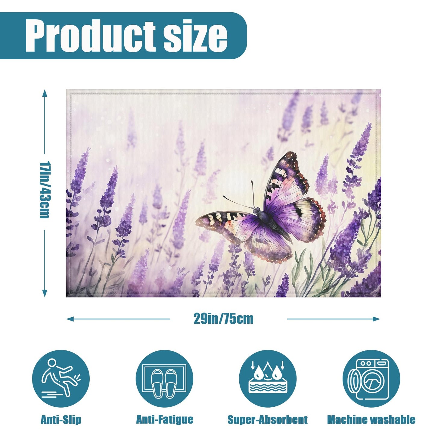Purple Butterfly Lavender Indoor Door Mat, Outdoor Entrance Doormat for Entryway Kitchen Bathroom 17 X 29 Inch