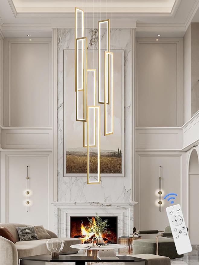Flashing God Large Modern Chandeliers,Gold Chandelier with 6 Ring Led Foyer Chandeliers,High Ceiling Chandelier for Living Room,Rectangle Pendant Lights for Entryway Staircase LED Dimming 2700k-6001k