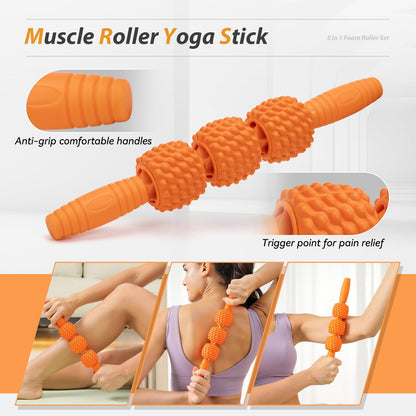 5 in1 Foam Roller Set, Trigger Point Foam Roller, Massage Roller Stick, Massage Ball, Resistance Band for Deep Muscle Massage Pilates Yoga,Fitness Exercise for Whole Body (Black-Red)