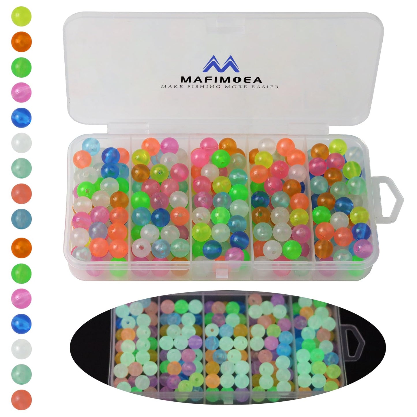MAFIMOEA 200/500pcs Luminous Fishing Beads Bait Eggs Assorted Set Plastic Fishing Line Rig Bead for Bass Catfish 6mm 10mm Freshwater Saltwater