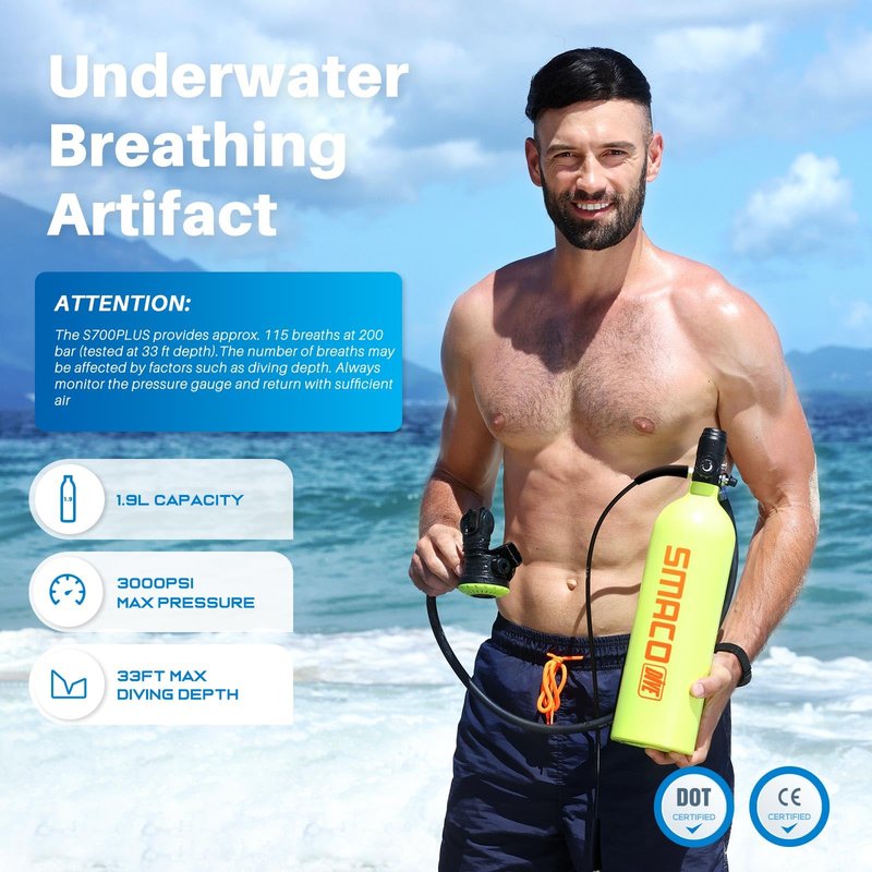 SMACO S700 Plus Mini Scuba Tank 1.9L Portable Diving Tank Reusable Pony Bottle for Underwater Exploration Lung Air Tank Kit Diving Cylinder for Emergency Rescue Boat Cleaning Backup Air Source