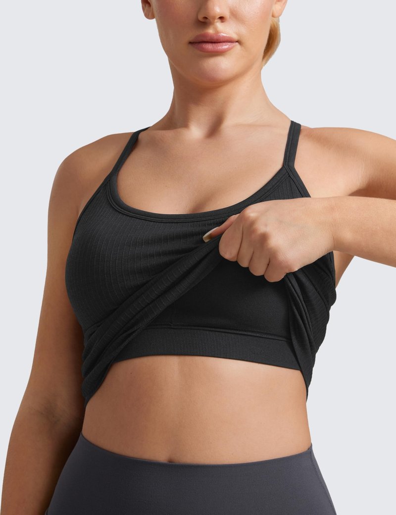 CRZ YOGA Seamless Workout Tank Tops for Women Racerback Athletic Camisole Sports Shirts with Built in Bra Black Medium