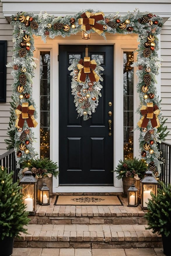 30" Christmas Teardrop Swag for Front Door Artificial Winter Swag Garland with Pine Cones, Berry Clusters, Bronze Ball Ornaments and Ribbons for Thanksgiving Holiday Christmas Decoration