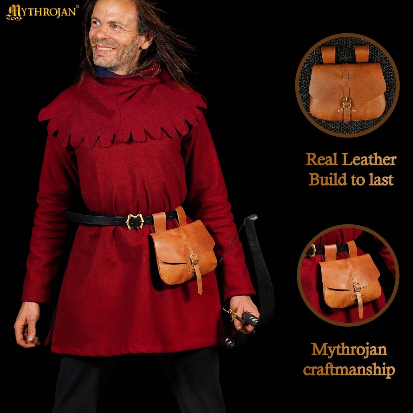 Mythrojan Medieval Leather Belt Pouch Vintage Waist Bag for LARP, Renaissance Fairs, Costumes, Cellphone Holder, Travel Wallet, Fanny Pack, Holster Purse Durable & Stylish Pouch - Brown, 6.2" x 7"