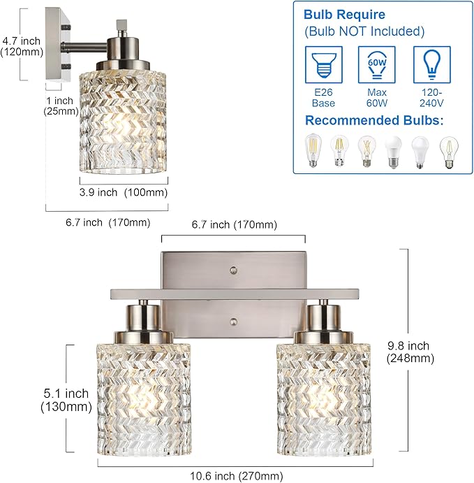 MELUCEE 2-Light Wall Sconce Lighting with Hammered Glass Shade, Brushed Nickel Bathroom Lights Over Mirror, Modern Vanity Lighting Fixtures for Porch Entryway Stair