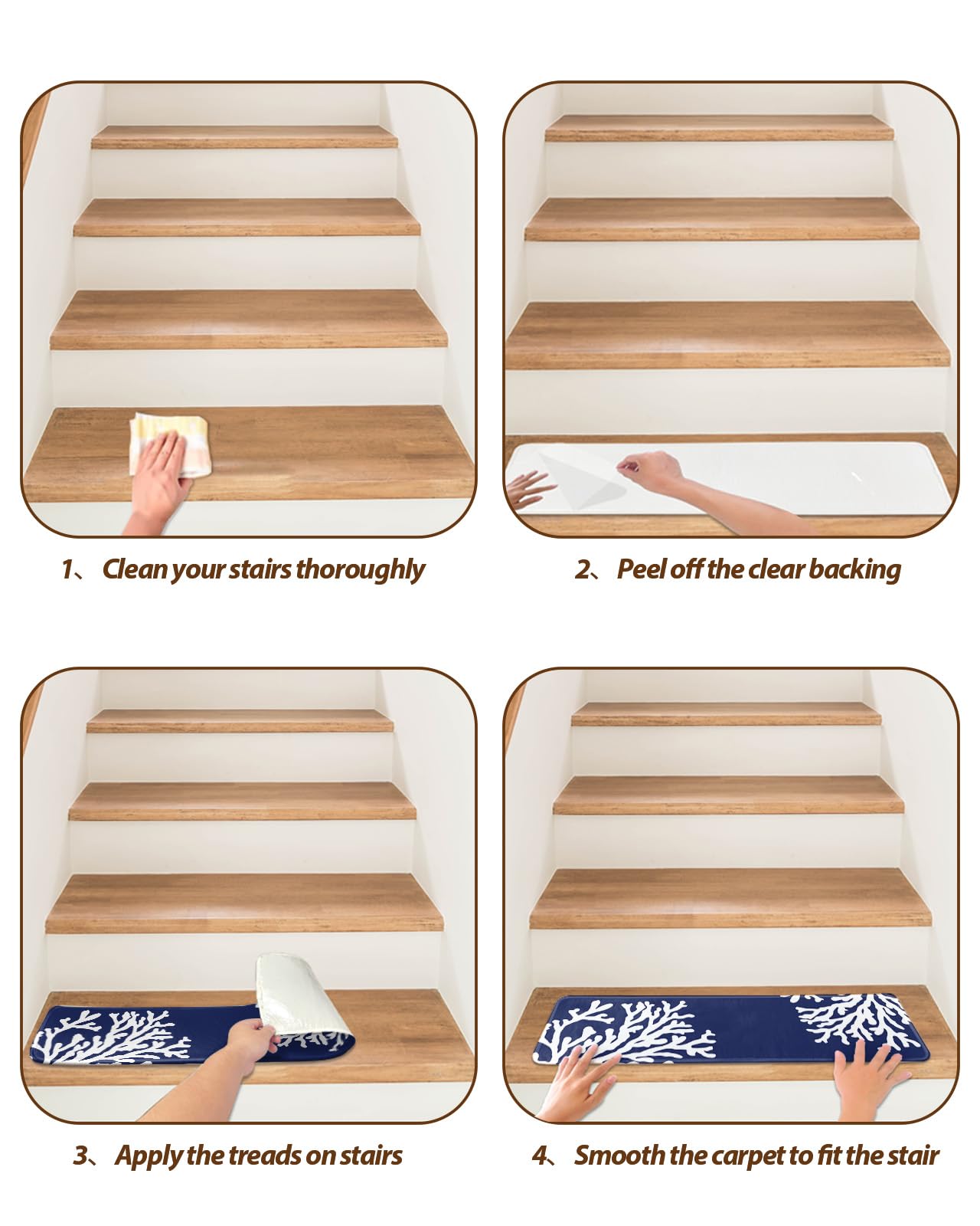 LBCASA Stair Treads Non Slip Indoor for Wooden Steps, Navy Blue Coral 15 Pcs Stair Mats for Kids Elders Dogs, 8 x 30 Inch Coastal Summer Beach Nautical Seaside Carpet Treads Runner Rugs for Staircase