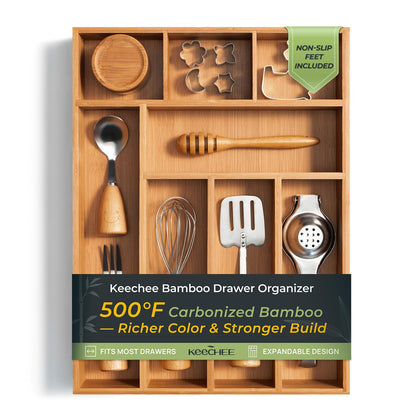 Carbonized Bamboo Kitchen Drawer Organizer, 8 Slots Silverware Organizer, Utensil Holder & Cutlery Tray, 2.2" Deep for Extra Capacity, Non-Slip Feet Included