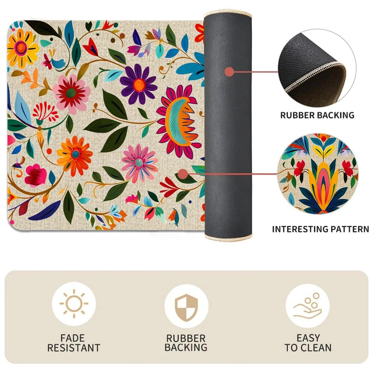 YWZDS Mexican Floral Kitchen Rugs Set of 2, Colorful Kitchen Mats with Rubber Backing Non Slip Washable, Cinco De Mayo Gift, 17" x 29 + 17" x 47" (White)