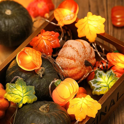 LOLStar Fall Decor Lights, 9.8FT 20 LED Thanksgiving String Lights, Battery Operated (Not Included) with Timer Function and 8 Flash Modes, Pumpkin, Maple Leaf, Acorn Light for Autumn Home Indoor Decor