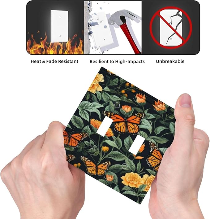 Butterflies Flower Garden Light Switch Covers Double Toggle 2 Gang Wall Plate Dual Decorative Switchplate Electrical Faceplate for Farmhouse Decor