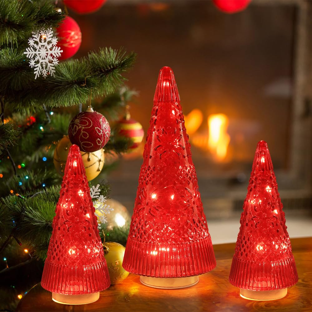 PHITRIC Christmas Decorations Indoor, 3 PCS Sparkling Glass Red Christmas Tree Table Centerpieces Decor with LED Lights and Timer, Xmas Tree Decorations for Home, Mantel, Shelf, Office, Tabletop