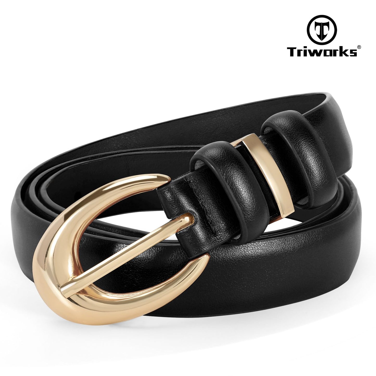 TRIWORKS 2 Pack Women Leather Belt for Jeans Pants Fashion Ladies Skinny Faux Leather Belt with Gold Buckle