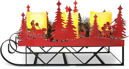 Christmas Sleigh Centerpiece Table Decorations with Flickering Led Candle Lights Xmas Sleigh Silhouette Candelabrum for Dinning Room, Table, Fireplace, Mantel Holiday Decoration