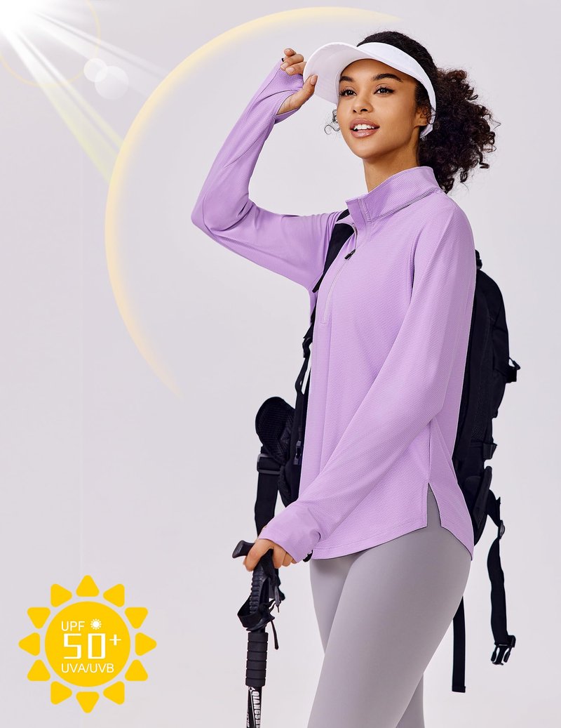 PINSPARK Women Long Sleeve Shirts Sun Protection Half Zip Hiking Clothes Lightweight Athletic Tops Moisture Wicking Running Shirts with Thumb Hole,Purple M
