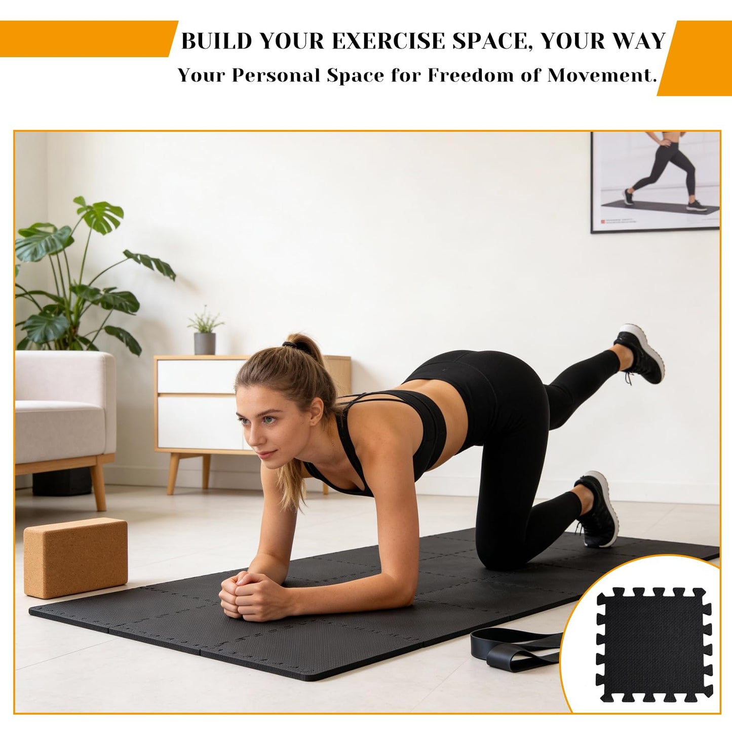 18 Tiles Foam Squares Floor Mat for Home Gym, High-Density Interlocking Floor Tiles Gym Floor Mat for Gym-Equipments, Play Area, Yoga, Cardio, Weights, MMA(Black)