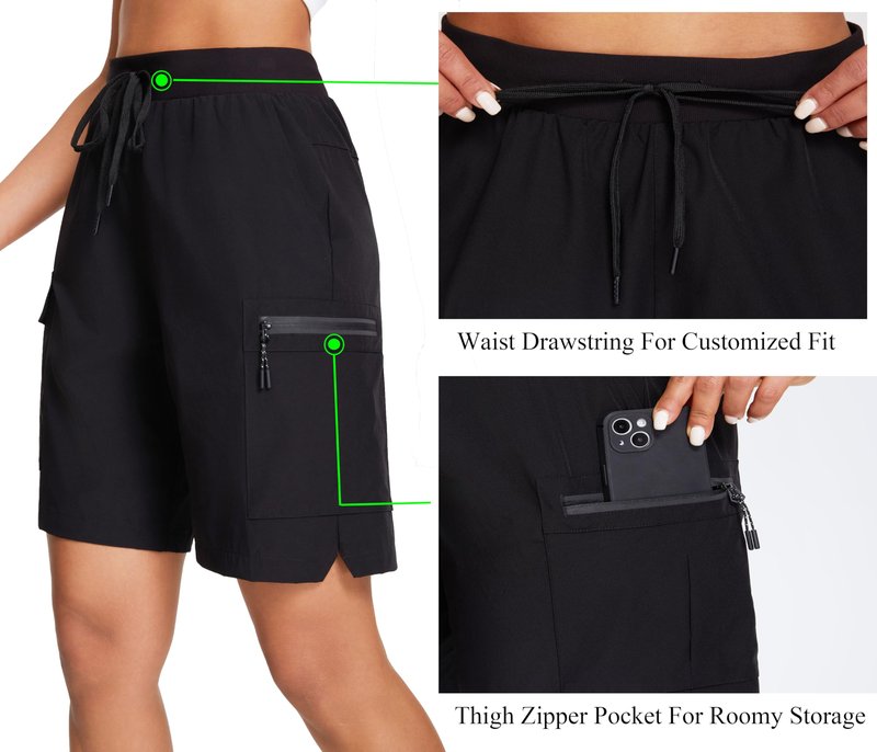 Oalka Women's Hiking Shorts Lightweight Zipper Pockets Cargo Quick Dry Summer Shorts Black XL