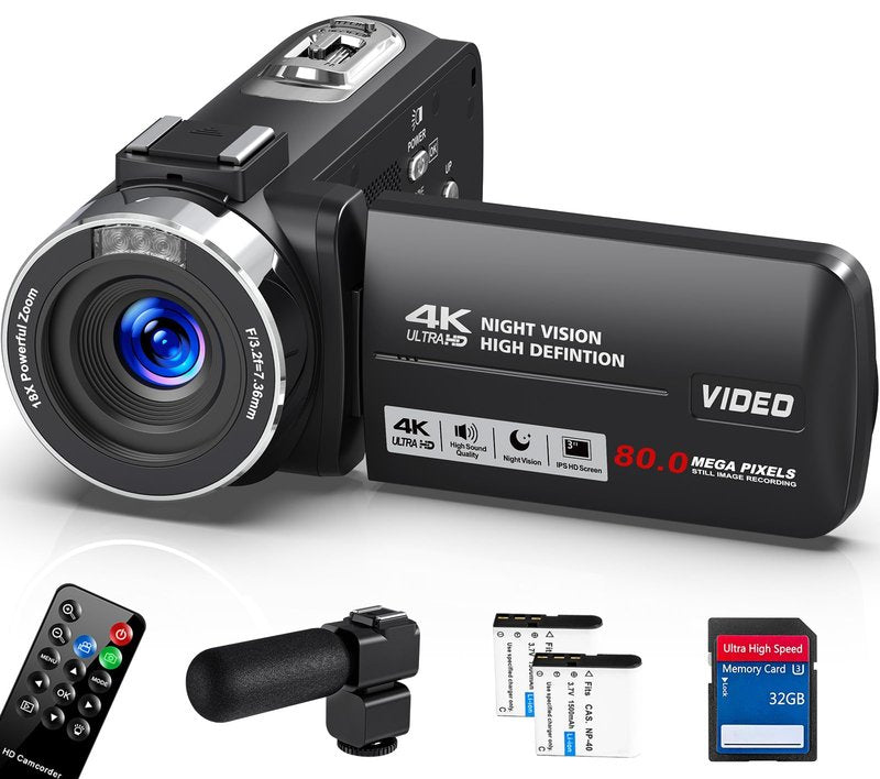Peryoua 4K HD 80MP Camcorder Video Camera 18X Digital Zoom 3.0 IPS Screen Vlogging Camera for YouTube IR Night Vision Video Recorder with 32GB SD Card, 2 Batteries, Remote Control and Microphone
