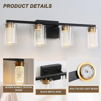4-Light Black Bathroom Light Fixture, Dimmable 5CCT Black and Gold Bathroom Vanity Lights, 2700K-6500K Modern Crystal Bubble LED Wall Sconce Over Mirror with Clear Glass