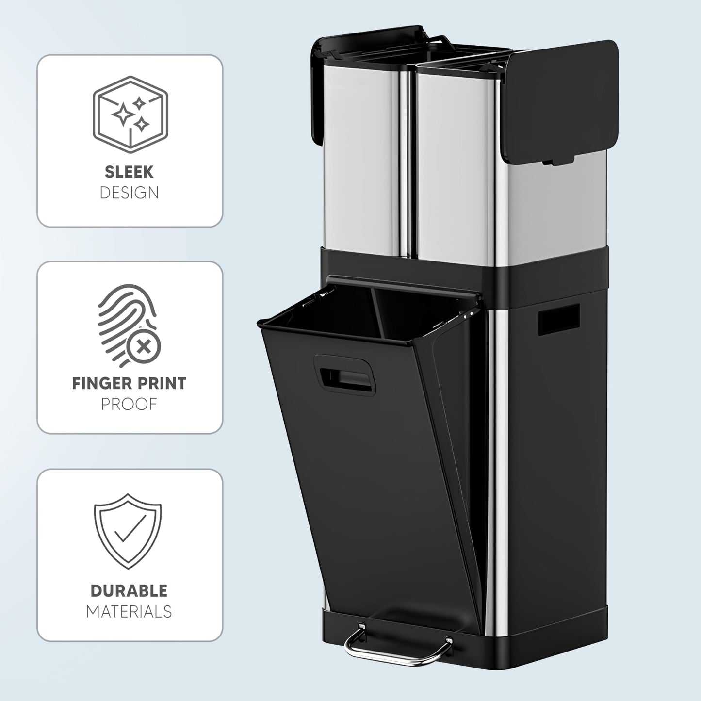 HOLDN’ STORAGE 32L Triple-Compartment Trash & Recycling Bin for Kitchen, 2 Removable Hook-On Bins, Multi-Access Opening, Odor Control, Stainless Steel, 3 Trash Bag Rolls Included