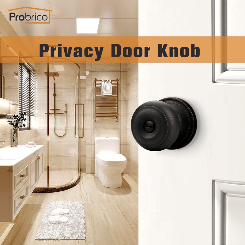 Probrico Privacy Door Knob with Lock, Interior Door Knob for Bathroom Bedroom, Oil Rubbed Bronze, Ball Knob Style, 1 Pack
