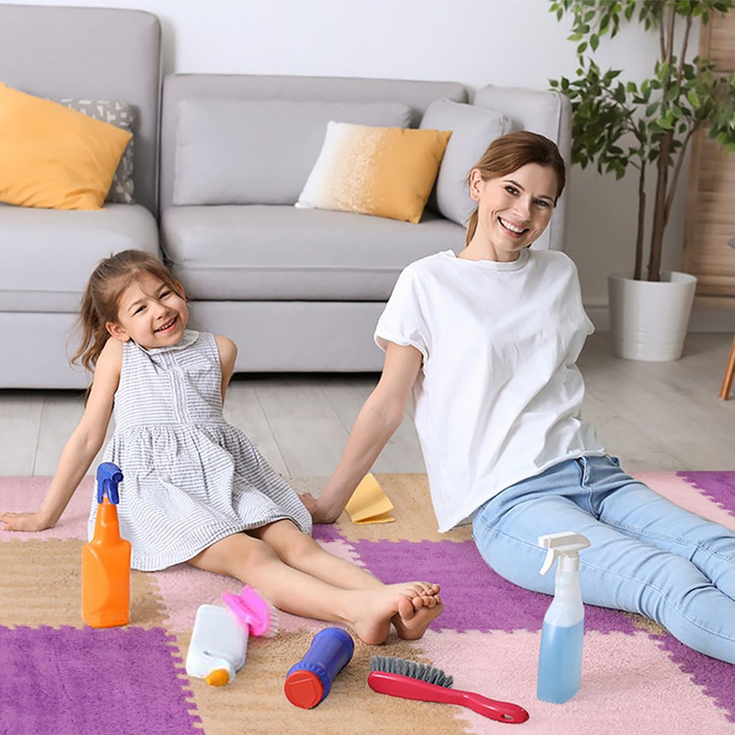 12 Pcs Plush Interlocking Carpet Tiles, Non-Toxic Foam Carpet Tiles for Toddler Baby, Anti-Slip, EVA Foam Interlocking Tiles for Floor, Nursery, Playroom, Purple, Light Brown, Pink