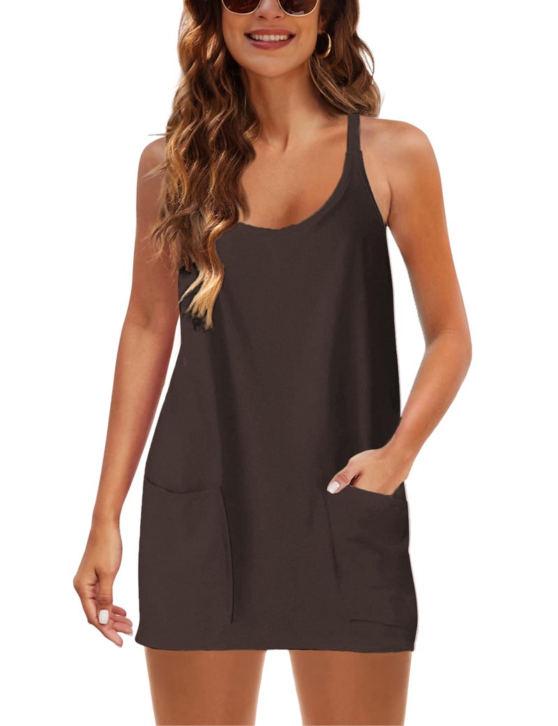 Lentta Womens Athletic Sleeveless Mini Dress with Built-in Shorts V Neck Spaghetti Strap Sundress(Coffee-XS)