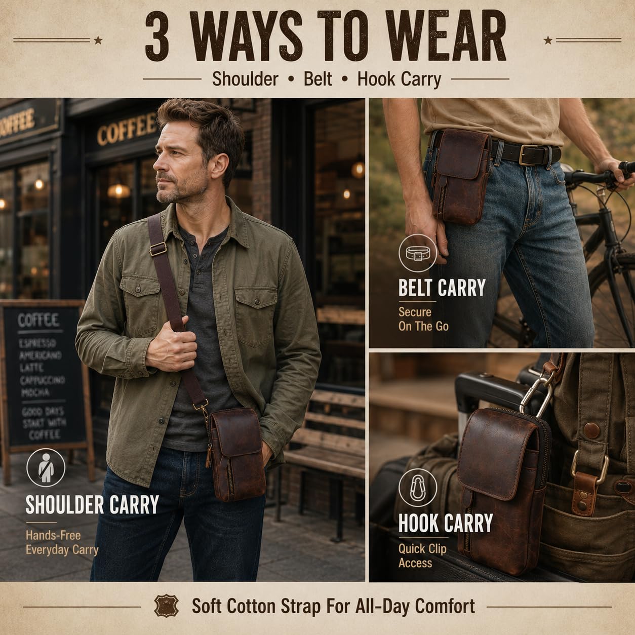 Hengwin Top Grain Crazy Horse Leather Phone Holster Waist Pouch with Belt Clip Belt Loop Shoulder Strap, Mini Crossbody Cell Phone Purse for Men, Belt Bag for Travel, Outdoor, Daily Use (Coffee)