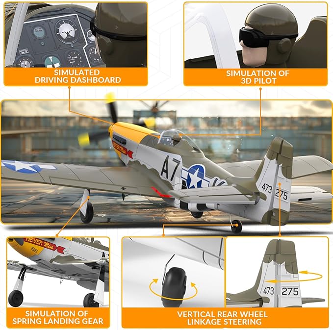 RC Airplane Brushless P51D Mustang RC Plane Ready to Fly Remote Control Airplane Fighter with 6-Axis Gyro 3 Flight Modes &amp Aerobatics 2.4GHz Radio Controlled Aircraft for Beginners Boys &amp Ad