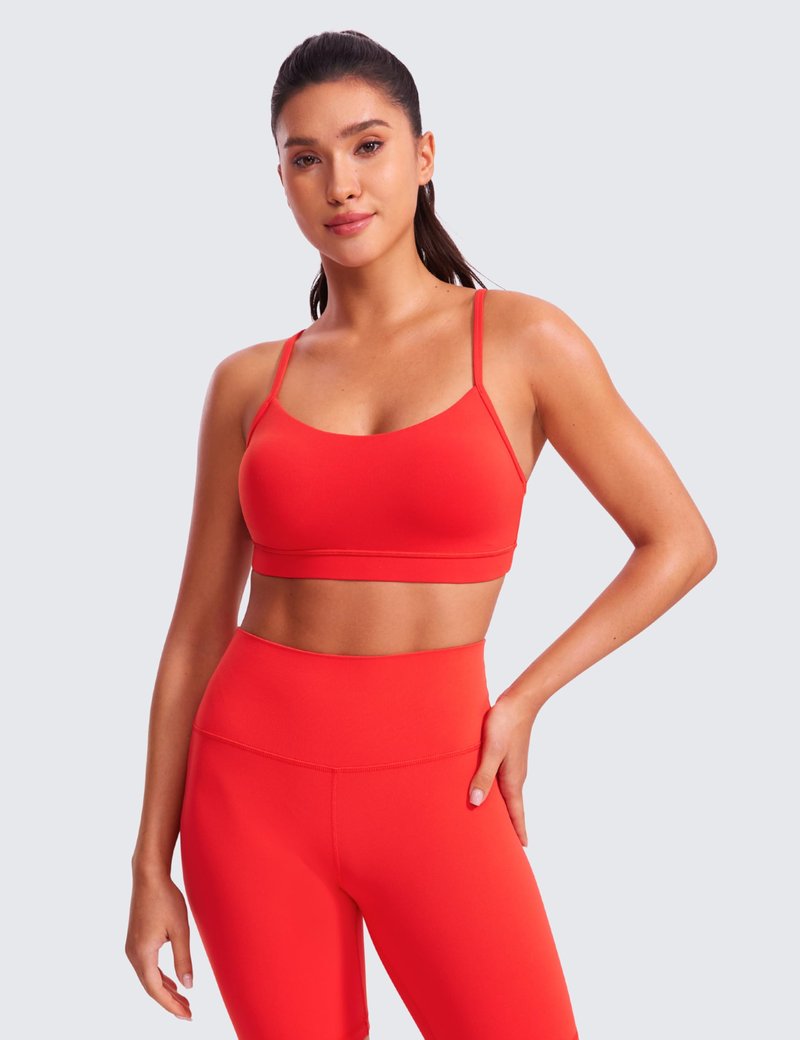 CRZ YOGA Butterluxe Womens Y Back Sports Bra - Padded Racerback Low Impact Spaghetti Thin Strap Workout Yoga Top Deep Red Large