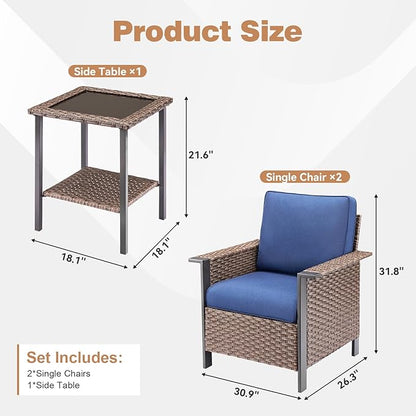 3 Pieces Wicker Patio Furniture Set-Outdoor Patio Chairs Set of 2 with Outdoor Side Table, Patio Furniture Set with Deep Seating Chairs for Porch Deck Balcony Garden Brown/Blue