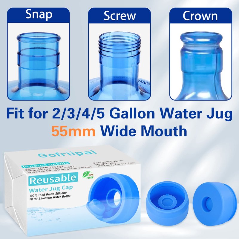 Gofriipai 3 and 5 Gallon Water Jug Cap, Silicone Reusable Replacement Cap, Non Spill Bottle Caps for 55mm Bottle Water Dispenser Caps - Pack of 5