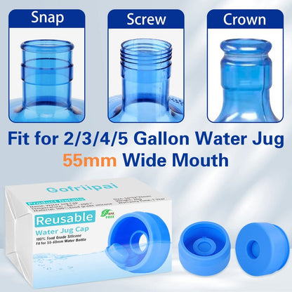 Gofriipai 3 and 5 Gallon Water Jug Cap, Silicone Reusable Replacement Cap, Non Spill Bottle Caps for 55mm Bottle Water Dispenser Caps - Pack of 5