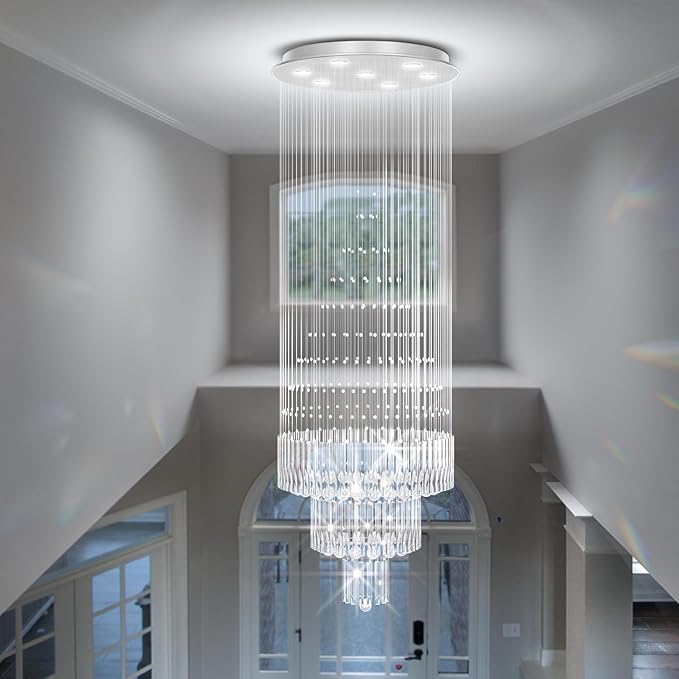 Flashing God D24''XH86'' Large Crystal Chandelier Silver Modern Raindrop Ceiling Light, High Ceiling Chandelier Suitable for Entrance Villas and Foyer