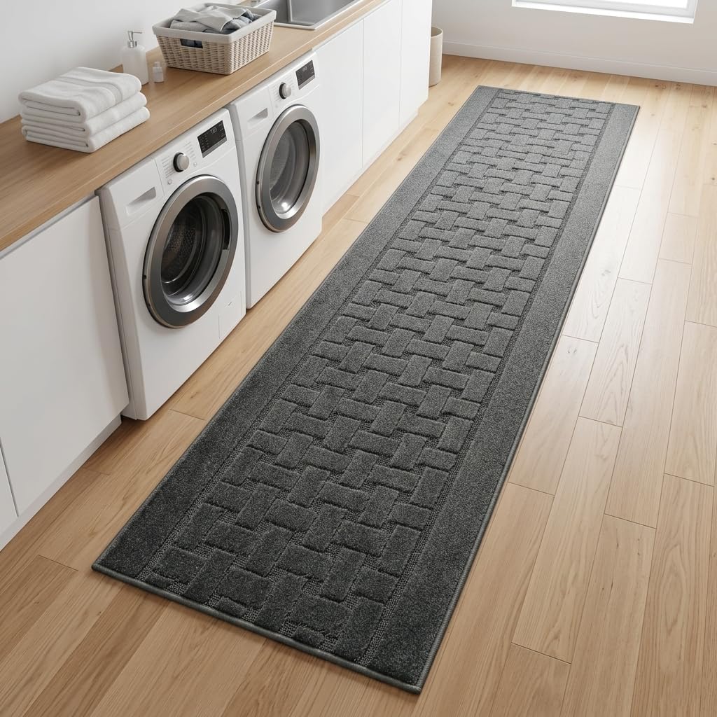 Non Slip Washable Carpet Runner Rug with Rubber Backing, Custom Floor Mat for Kitchen Hallway Stairs Bedroom Bathroom Entry, Anthracite Grey, Your Choice of Length, 26 Inch X 7 feet