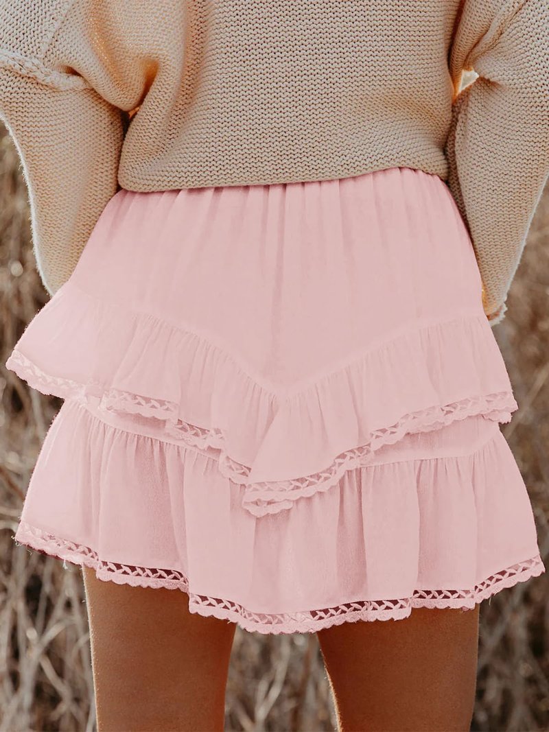 Aoudery Flowy Shorts for Women Casual Boho Ruffle Tiered Skorts High Waist Mini Skirts Golf Tennis Butterfly Crochet Shorts - All Peach S