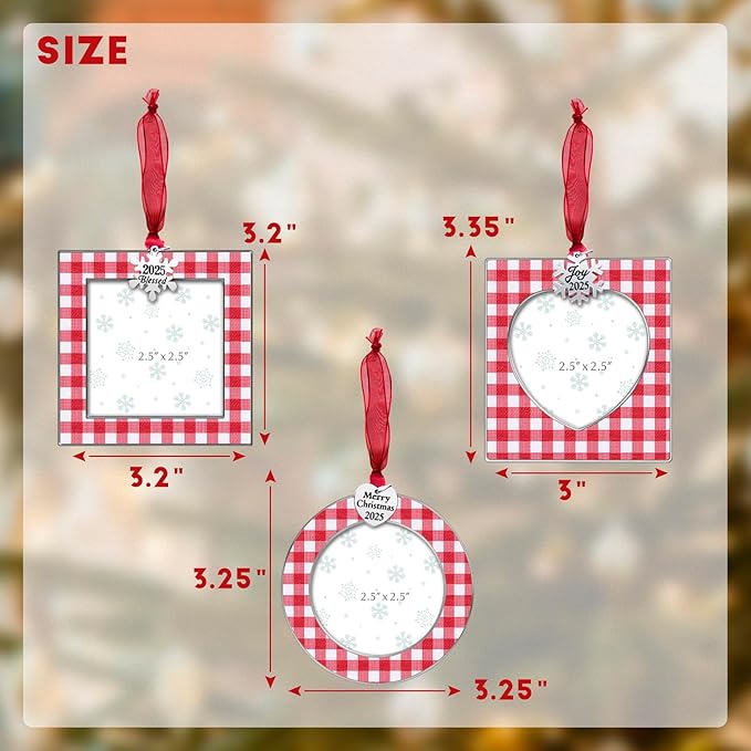 GUOER 3PCS Christmas Tree Ornaments Set Picture Frame Ornament Holiday Keepsake Gift Home Decor Christmas Decorations Xmas Gifts Pendant with 2.5” Photo Frame Insert (Red White 2025)