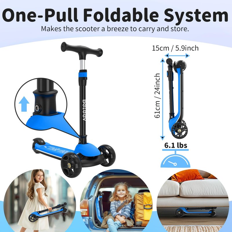 BELEEV Kids Scooter with LED Light-Up Wheels & Deck, 3 Wheel Folding Scooter for Toddlers Girls Boys Ages 3-12, Adjustable Handlebar, Lean to Steer, Extra Wide Wheel, Kick Scooter for Children (Blue)