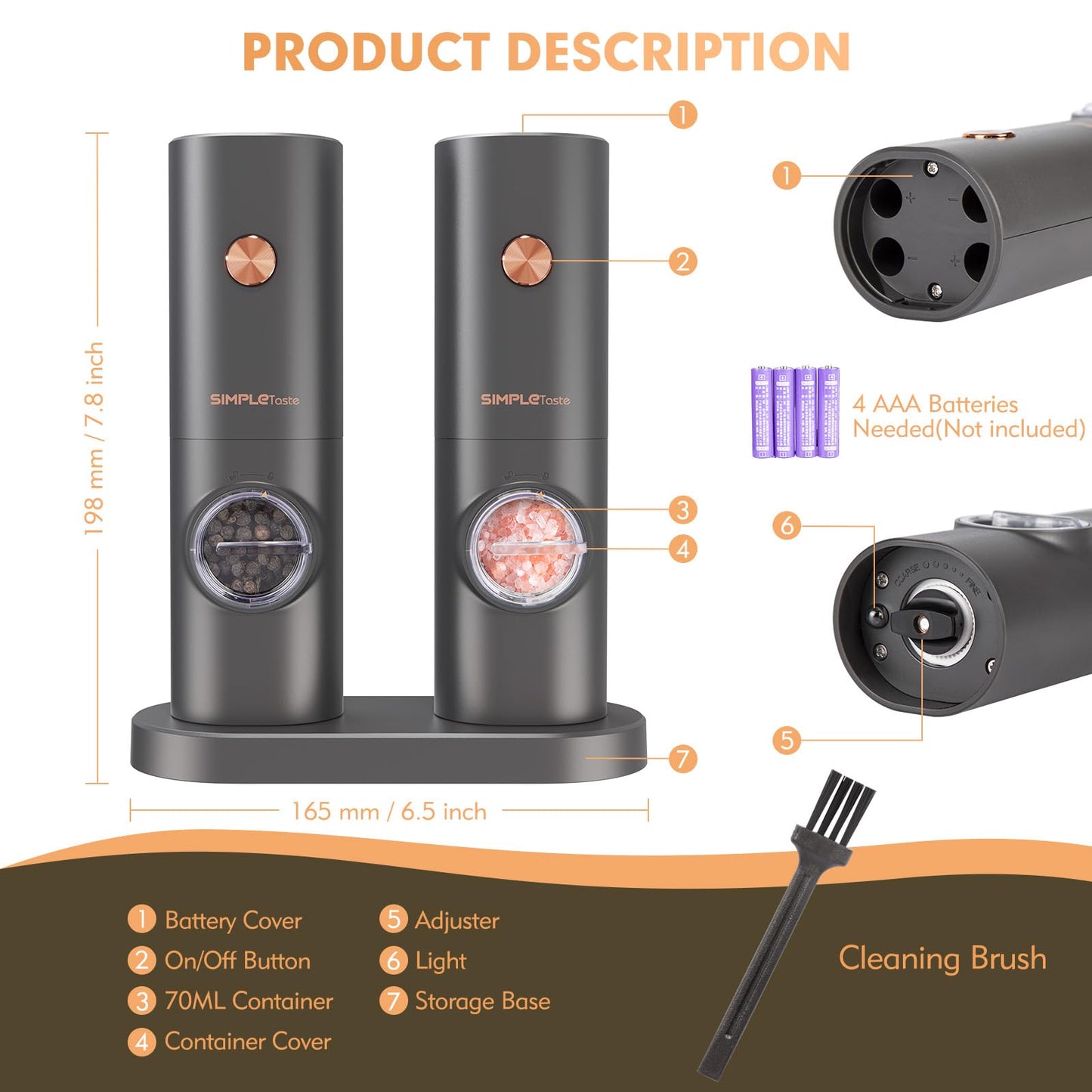 SIMPLETASTE Electric Salt and Pepper Grinder Set, One-Handed, Battery Powered, Adjustable Coarseness, LED Light, Pepper mills with stand, Seasoning Tools for Kitchen, Dining or Gifting
