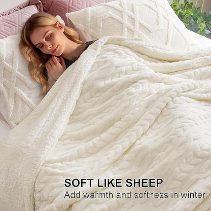 PHF Fluffy Sherpa Blanket King Size for Winter, Warm and Soft, 510GSM 3D Jacquard Thick Shaggy Fleece Plush Blanket for Sofa Bed, Cream, 108"x90"