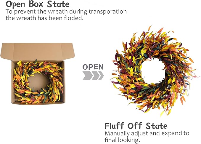Bibelot Fall Leaf Wreath, 20’’ Autumn Front Door Wreath, Harvest Wreath with Leaves, Fall Decorations for Indoor Outside Wall Window Festival Thanksgiving Fall Autumn Decor