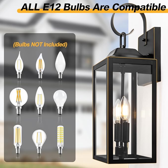 19" Large Outdoor Wall Light - Black Outside Wall Mounted Light Fixture with Gold Trim, Exterior Farmhouse Wall Sconce Lantern, Modern Porch Lighting Exterior Lamp for House 2-Light