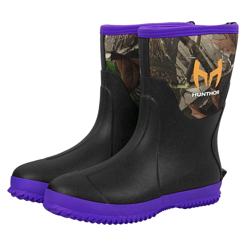 Hunthor Rubber Boots for Women, 5mm Neoprene Insulated Waterproof Rain Boots with Steel Shank, Mid Calf Hunting Shoes for Faming Gardening Mud Work (Purple, Size 8)