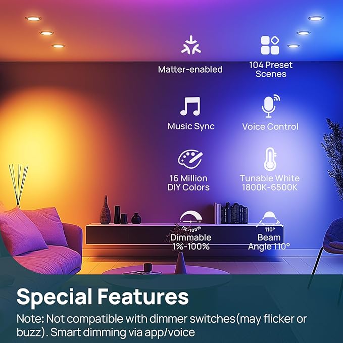 Linkind Matter Smart Light Bulb,1200LM 85W BR30 Smart Flood Light Bulbs Work with Alexa, Apple Home, Google Home, RGBTW Recessed Color Changing Bulbs E26, 2.4GHz Only WiFi Light Bulbs LED, 4Pack