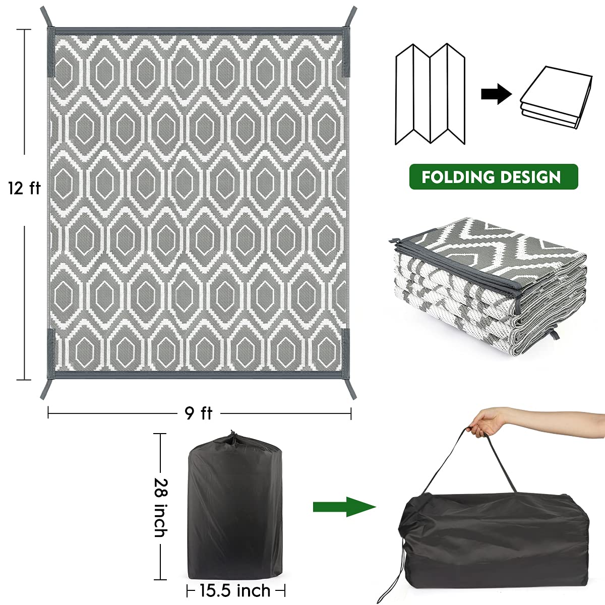 fifame Outdoor Camping Rugs, 9x12 Outdoor Rug Patios Clearance Plastic Straw Rug Weatherproof Reversible Mats, Large Floor Mat for Outdoors, RV, Patio, Backyard, Deck, Picnic, Beach, Trailer, Camping